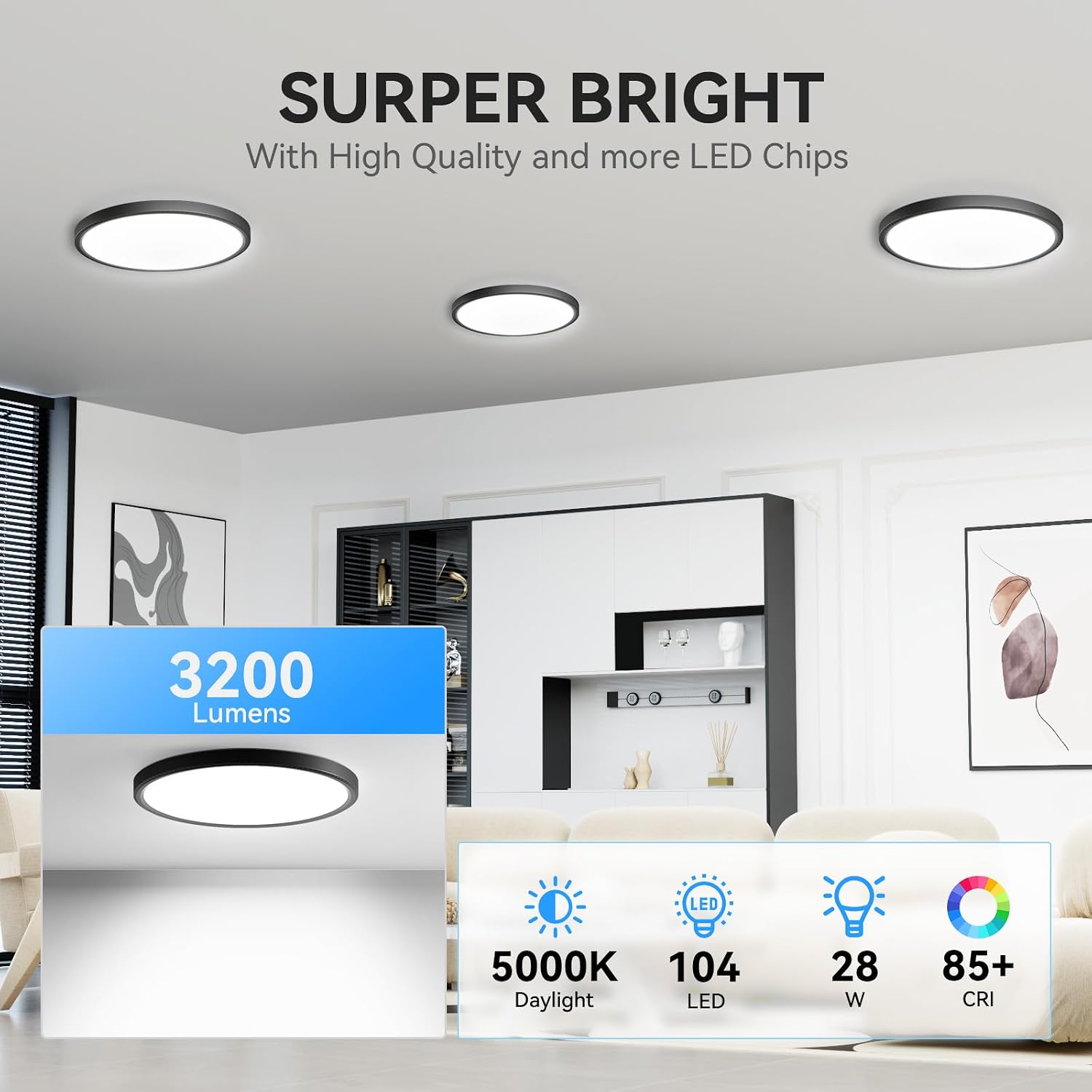 6Pack 3200lm LED Flush Mount Ceiling Light, Super Slim 12 inch LED Ceiling Light, 5000K LED Ceiling Light for Bedroom, Living Room, Dining Room (Black, Six Pack) - Image 2