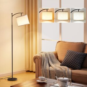 60" Modern Floor Lamp with Beige Shade, 9W LED Bulb | 3 Color Temperatures Bulb, Adjustable Linen Shade, Standing Lamps for Living Room Bedroom Office Classroom Dorm, Black Pole