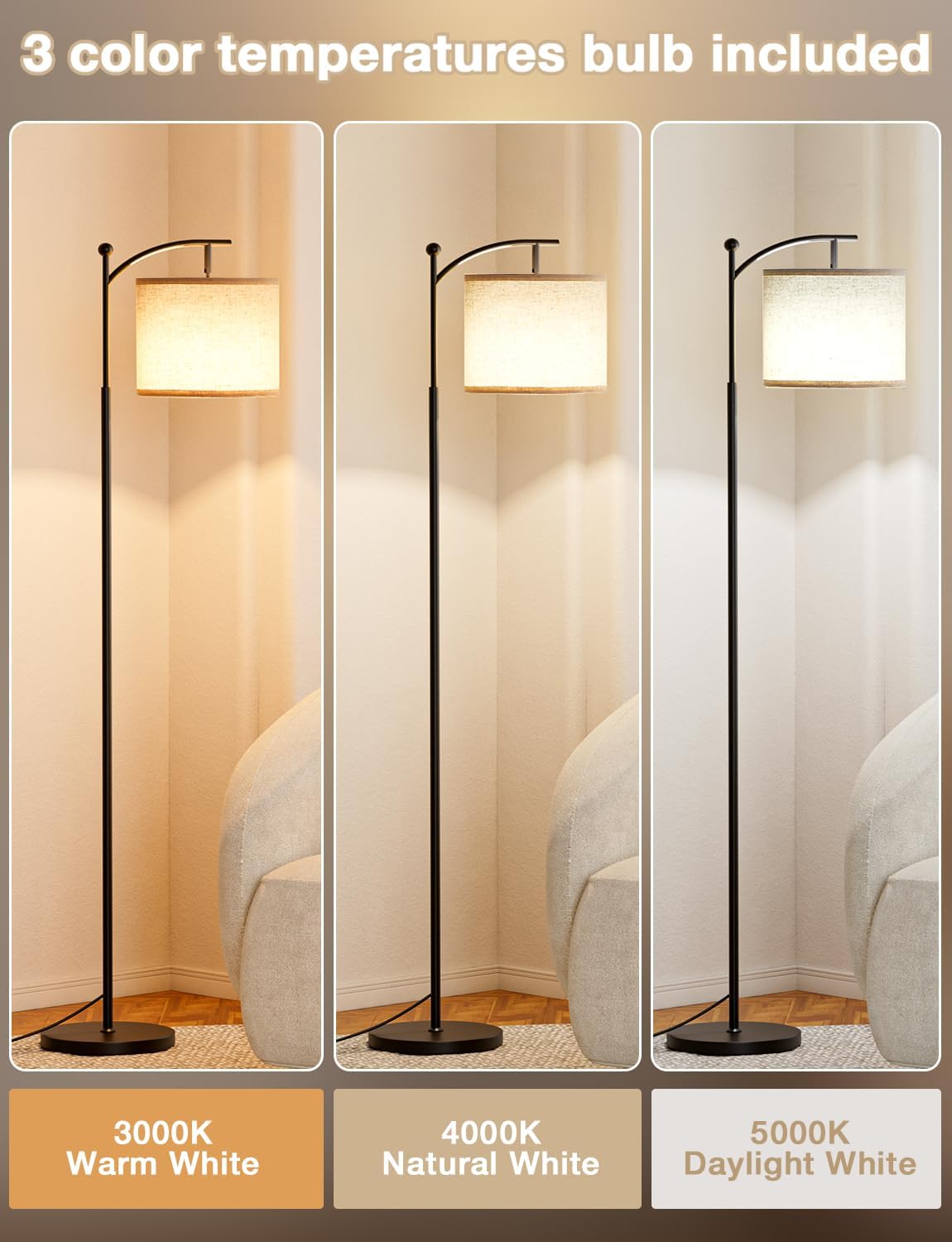 60" Modern Floor Lamp with Beige Shade, 9W LED Bulb | 3 Color Temperatures Bulb, Adjustable Linen Shade, Standing Lamps for Living Room Bedroom Office Classroom Dorm, Black Pole - Image 2