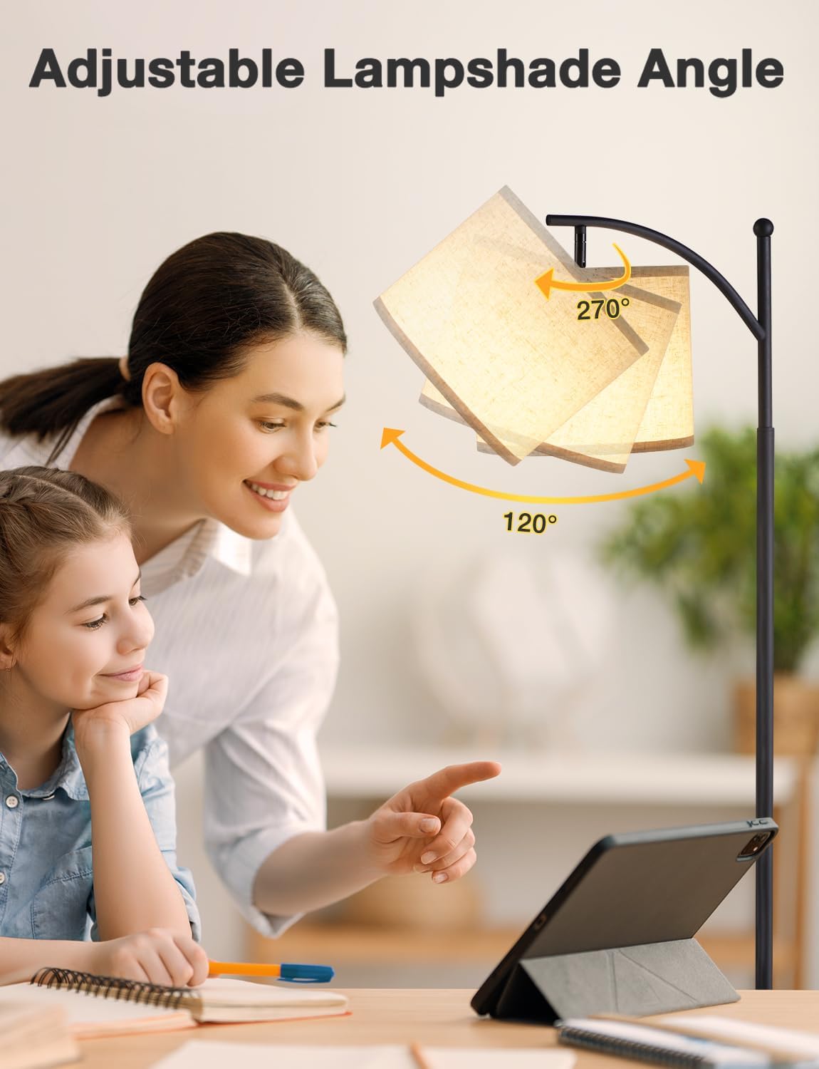 60" Modern Floor Lamp with Beige Shade, 9W LED Bulb | 3 Color Temperatures Bulb, Adjustable Linen Shade, Standing Lamps for Living Room Bedroom Office Classroom Dorm, Black Pole - Image 3