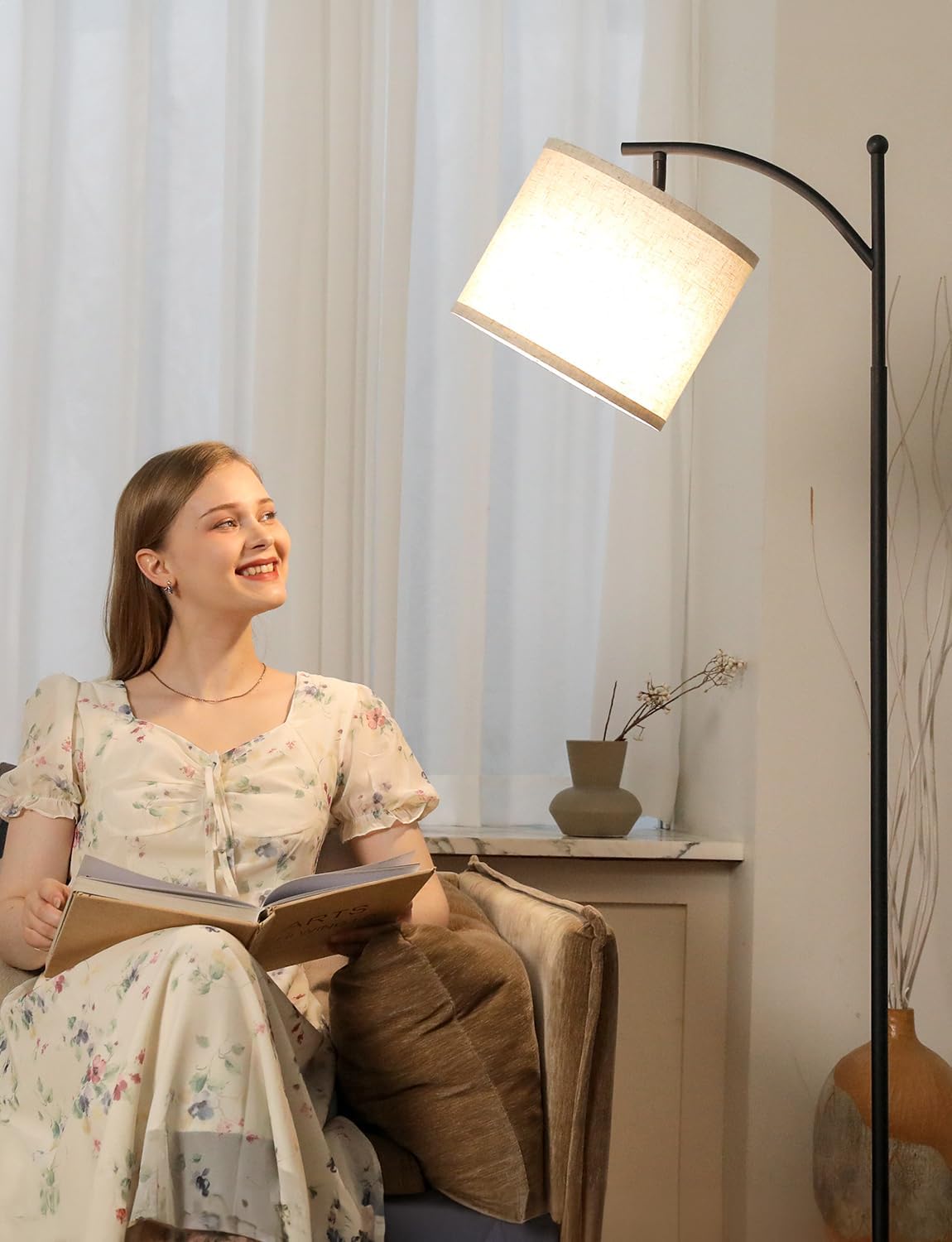 60" Modern Floor Lamp with Beige Shade, 9W LED Bulb | 3 Color Temperatures Bulb, Adjustable Linen Shade, Standing Lamps for Living Room Bedroom Office Classroom Dorm, Black Pole - Image 4