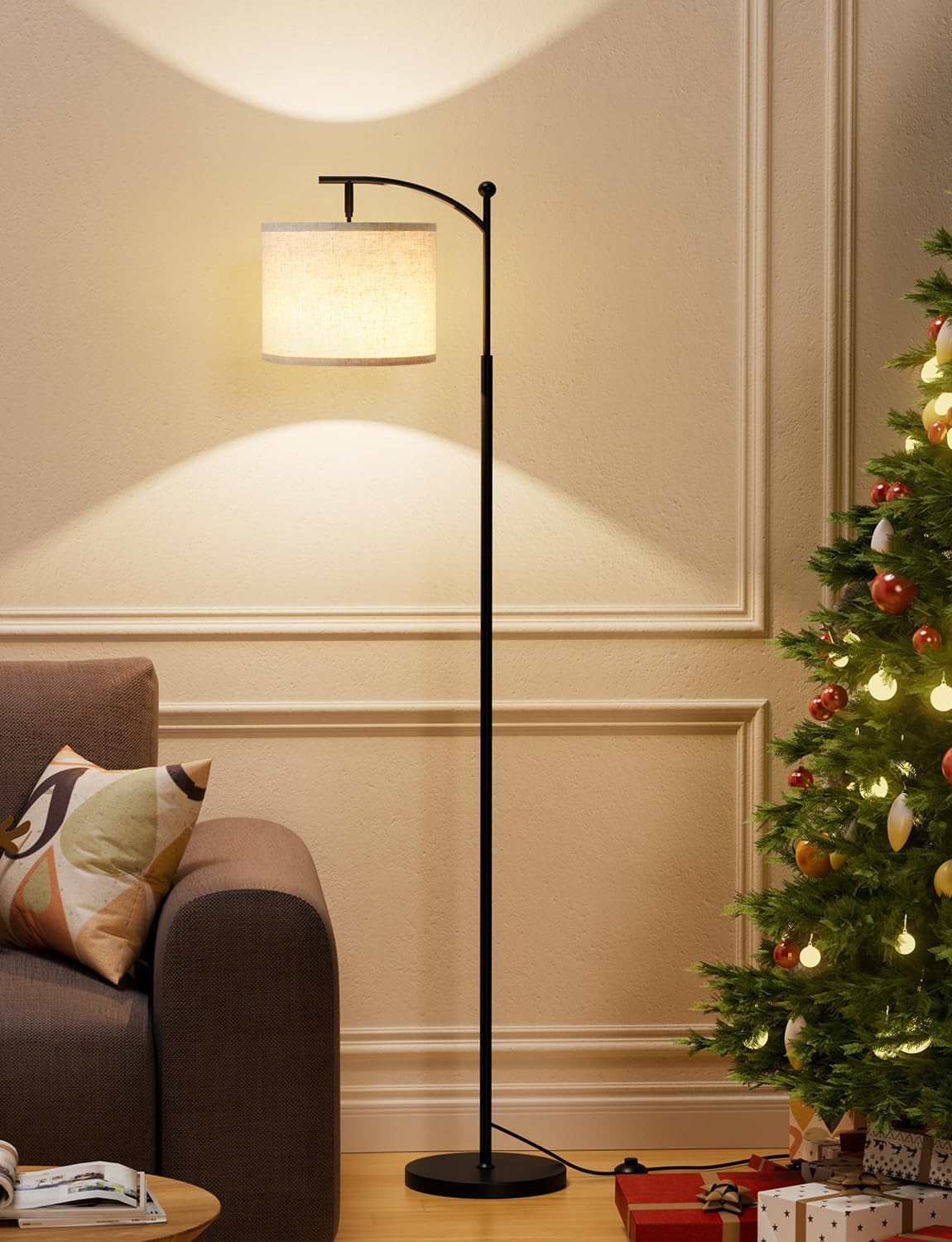 60" Modern Floor Lamp with Beige Shade, 9W LED Bulb | 3 Color Temperatures Bulb, Adjustable Linen Shade, Standing Lamps for Living Room Bedroom Office Classroom Dorm, Black Pole - Image 5