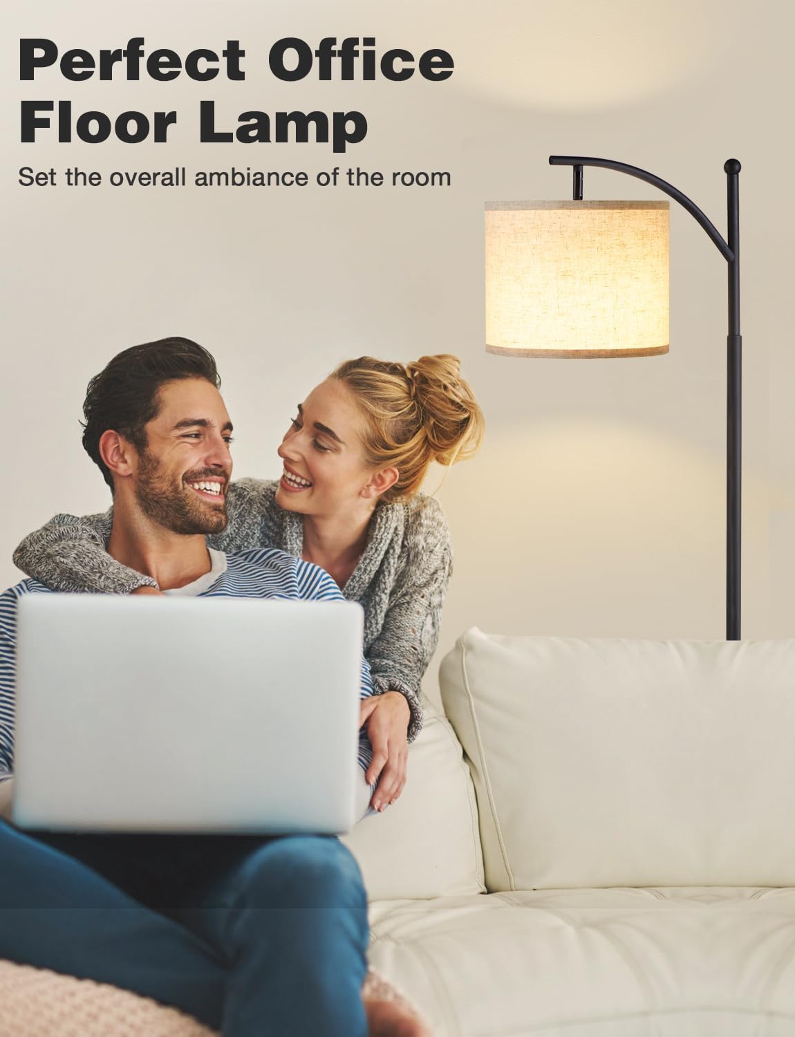 60" Modern Floor Lamp with Beige Shade, 9W LED Bulb | 3 Color Temperatures Bulb, Adjustable Linen Shade, Standing Lamps for Living Room Bedroom Office Classroom Dorm, Black Pole - Image 6
