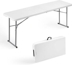 Folding Table 6FT Narrow Portable Plastic Heavy Duty Table, White | Space-Saving Foldable Design, Fold-in-Half, HDPE Tabletop, Carrying Handle, Indoor Outdoor for Training, Buffet, Party