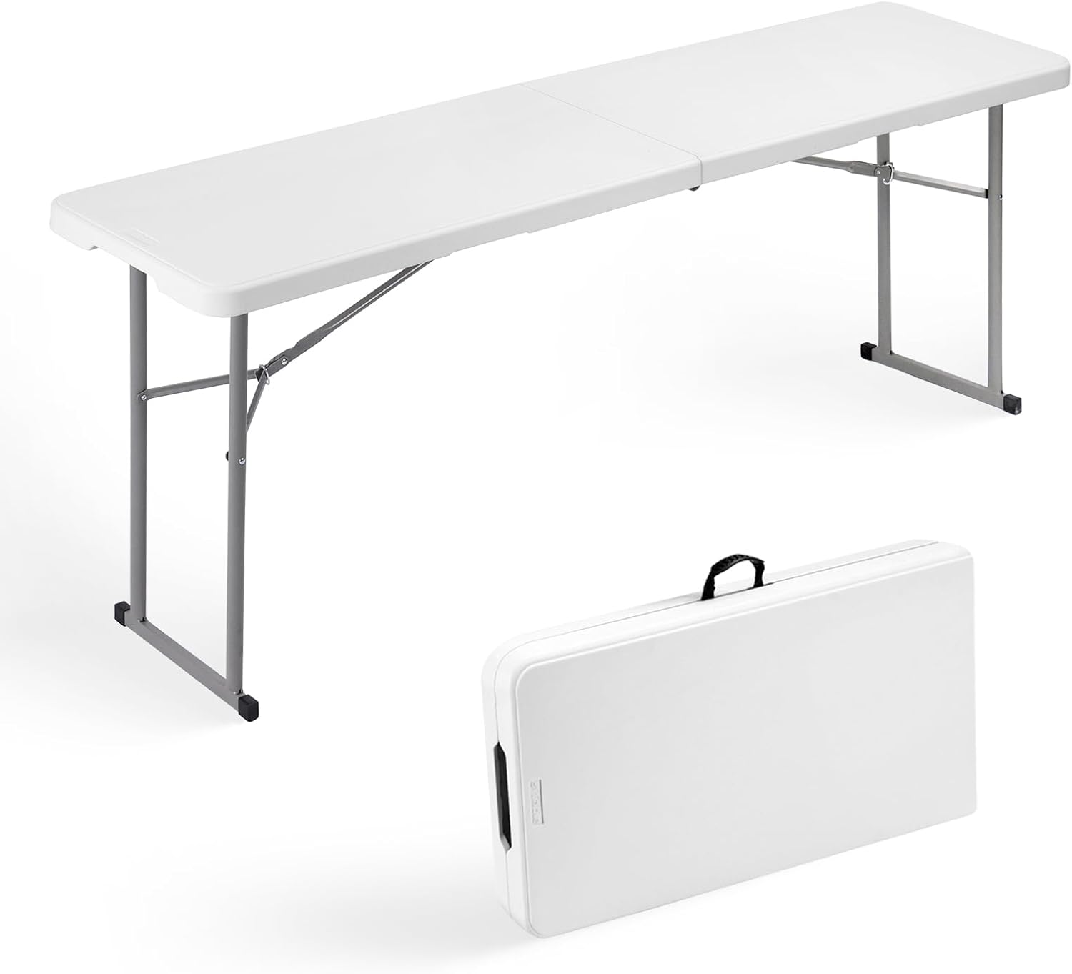 Folding Table 6FT Narrow Portable Plastic Heavy Duty Table, White | Space-Saving Foldable Design, Fold-in-Half, HDPE Tabletop, Carrying Handle, Indoor Outdoor for Training, Buffet, Party