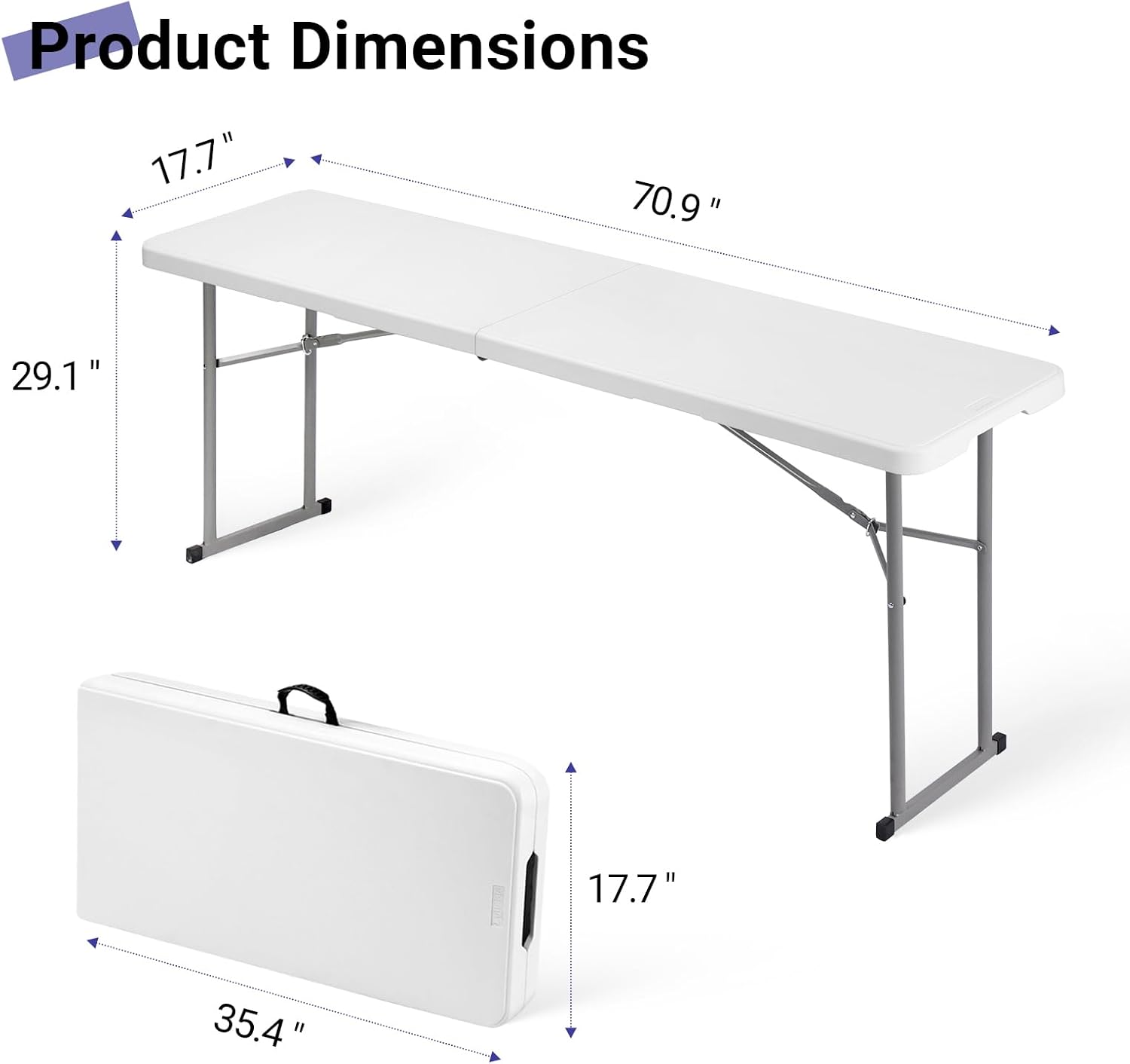 Folding Table 6FT Narrow Portable Plastic Heavy Duty Table, White | Space-Saving Foldable Design, Fold-in-Half, HDPE Tabletop, Carrying Handle, Indoor Outdoor for Training, Buffet, Party - Image 3