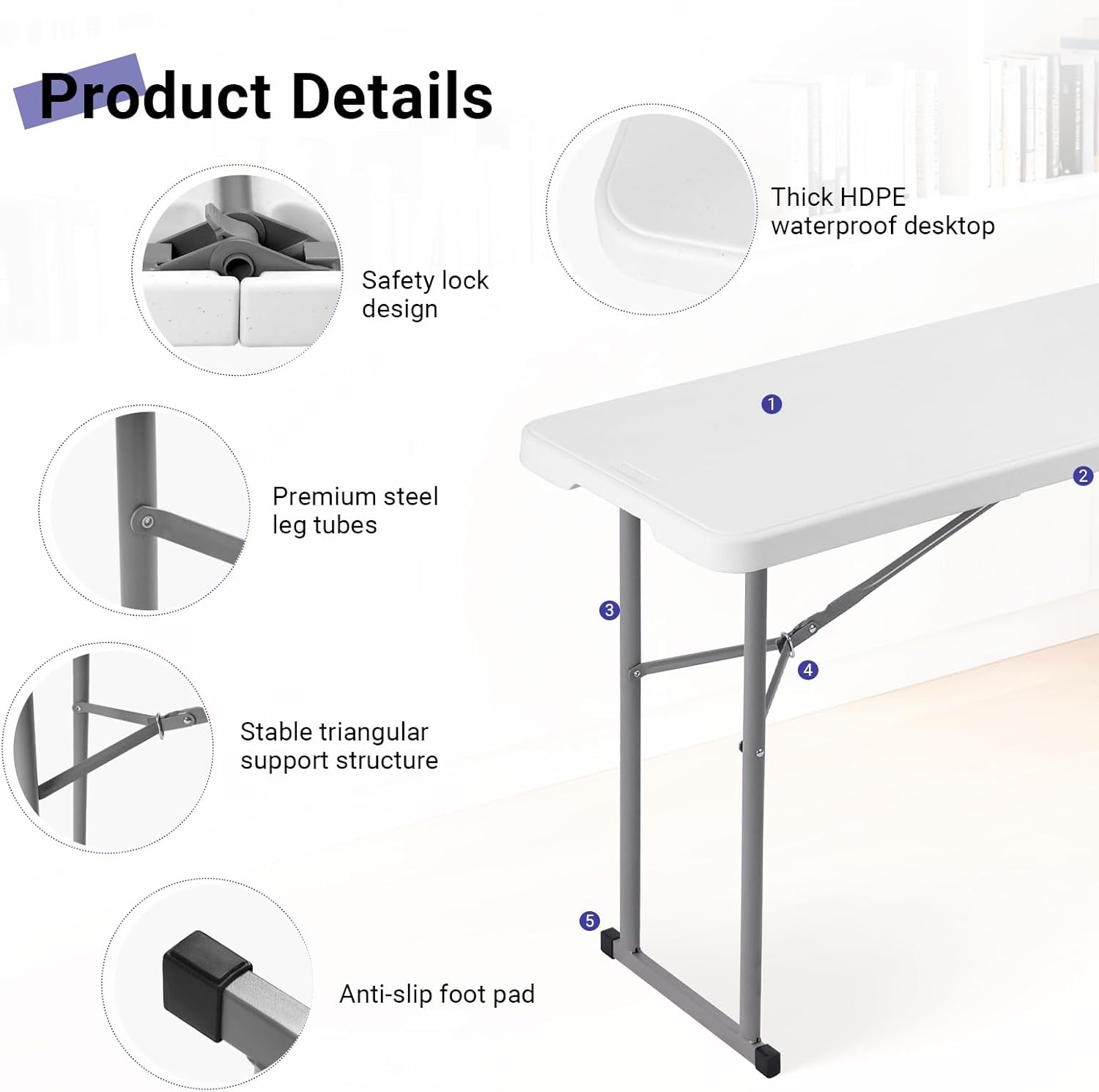 Folding Table 6FT Narrow Portable Plastic Heavy Duty Table, White | Space-Saving Foldable Design, Fold-in-Half, HDPE Tabletop, Carrying Handle, Indoor Outdoor for Training, Buffet, Party - Image 4