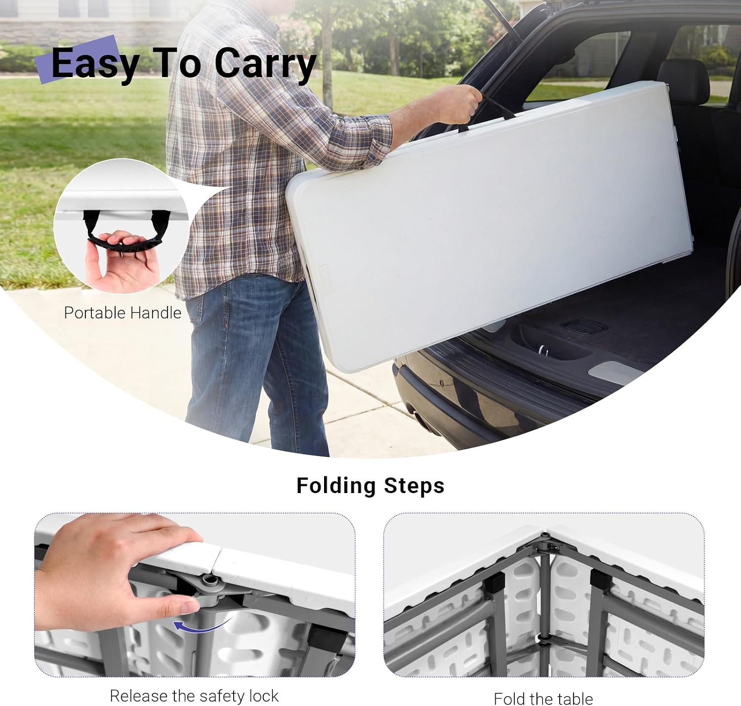 Folding Table 6FT Narrow Portable Plastic Heavy Duty Table, White | Space-Saving Foldable Design, Fold-in-Half, HDPE Tabletop, Carrying Handle, Indoor Outdoor for Training, Buffet, Party - Image 6