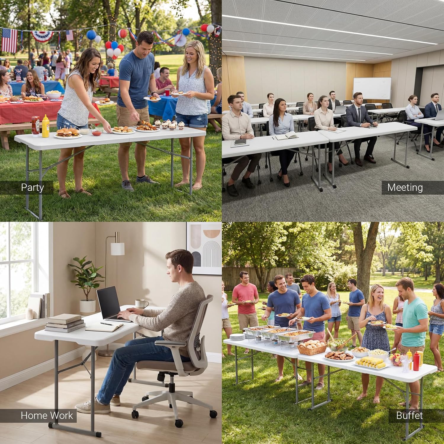 Folding Table 6FT Narrow Portable Plastic Heavy Duty Table, White | Space-Saving Foldable Design, Fold-in-Half, HDPE Tabletop, Carrying Handle, Indoor Outdoor for Training, Buffet, Party - Image 9