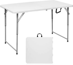 Folding Table 4 Foot,Portable Heavy Duty Plastic Utility Table,White | Adjustable Height,HDPE Tabletop,Small Fold-in-Half Design,Carrying Handle,Indoor Outdoor Use for Camping,Party
