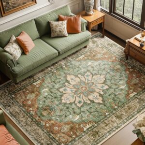 RELEANY Washable Area Rug, 8'x10', Brick/Brown/Green | Non-Slip, Water Repellent, Pet Friendly, Easy to Clean, Vintage Floral Boho Decor for Living Room Bedroom Dining Room