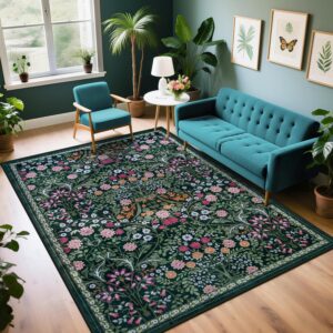 PLHXFR Area Rug Living Room: 5x7 Floral Washable Boho Carpet Dark Green | For Bedroom Dining Room Farmhouse Nursery Hallway,Vintage Floral,Machine washable,Non Slip,Stain Resistant,Large Indoor
